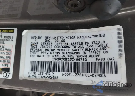 2005 Toyota Corolla S from USA, damaged, VIN 1NXBR32E25Z496732